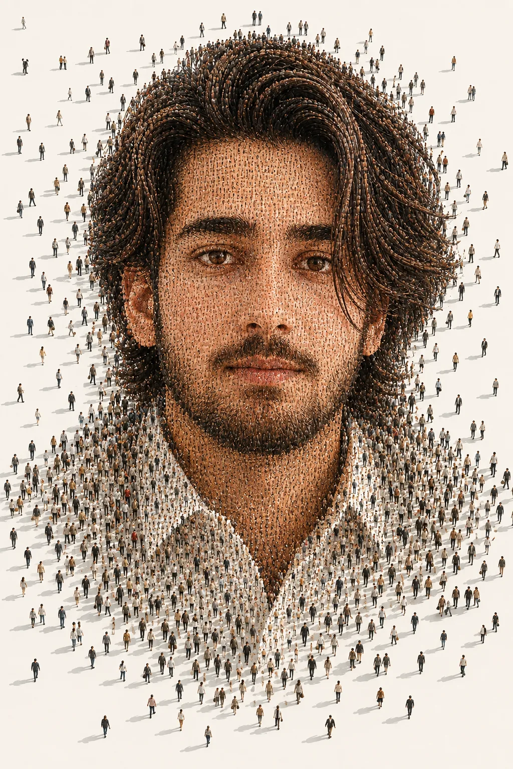 Create a highly detailed **conceptual surrealist portrait illustration** of a handsome adult man whose entire head, face, beard, hair, and