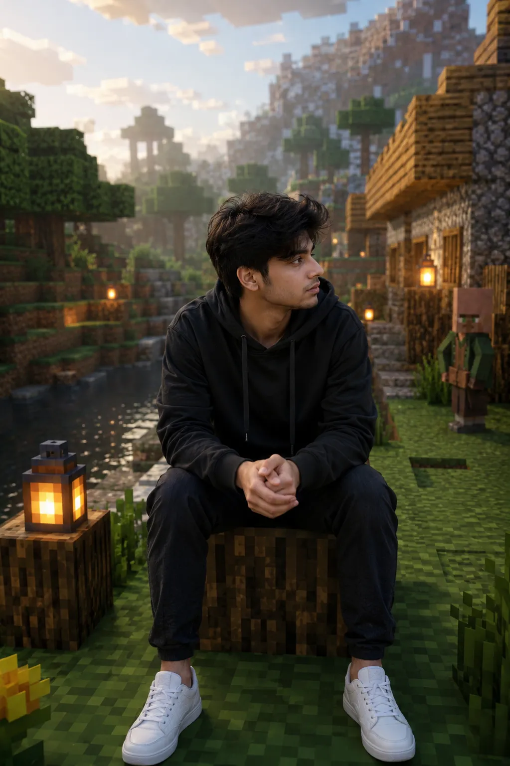 @Create image Transform the background into a Minecraft Java Edition world, replacing all environment elements ground, grass, soil, plants,