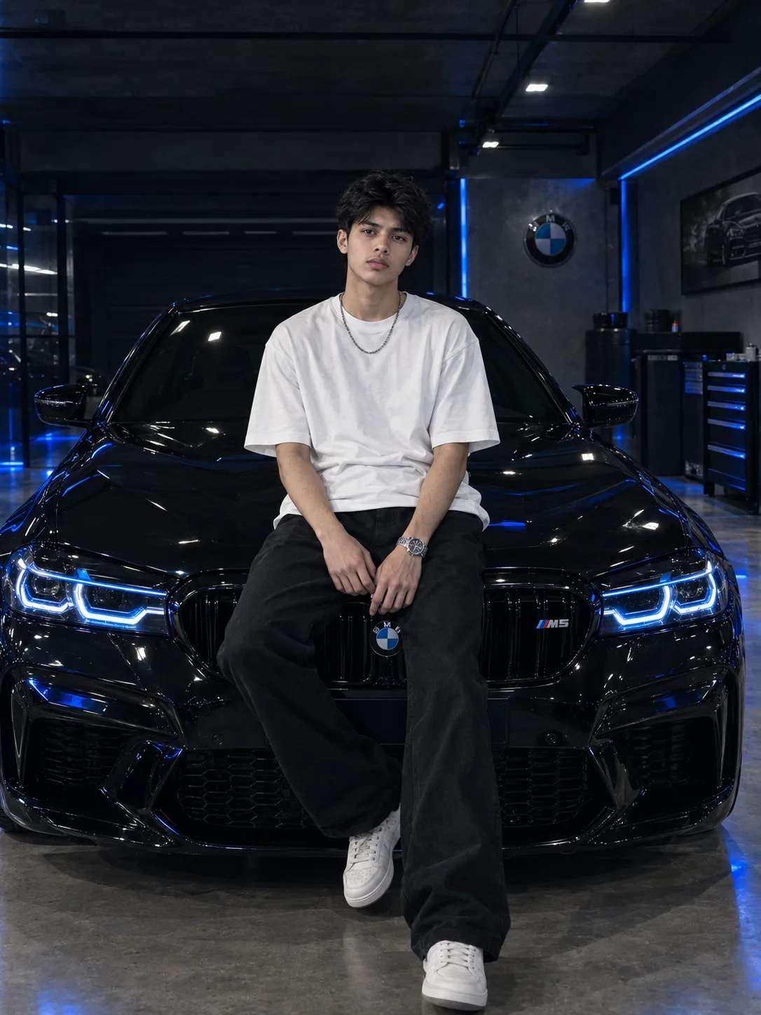 Create an ultra-realistic, photorealistic 8K professional automotive fashion photograph in a vertical 3:4 aspect ratio.