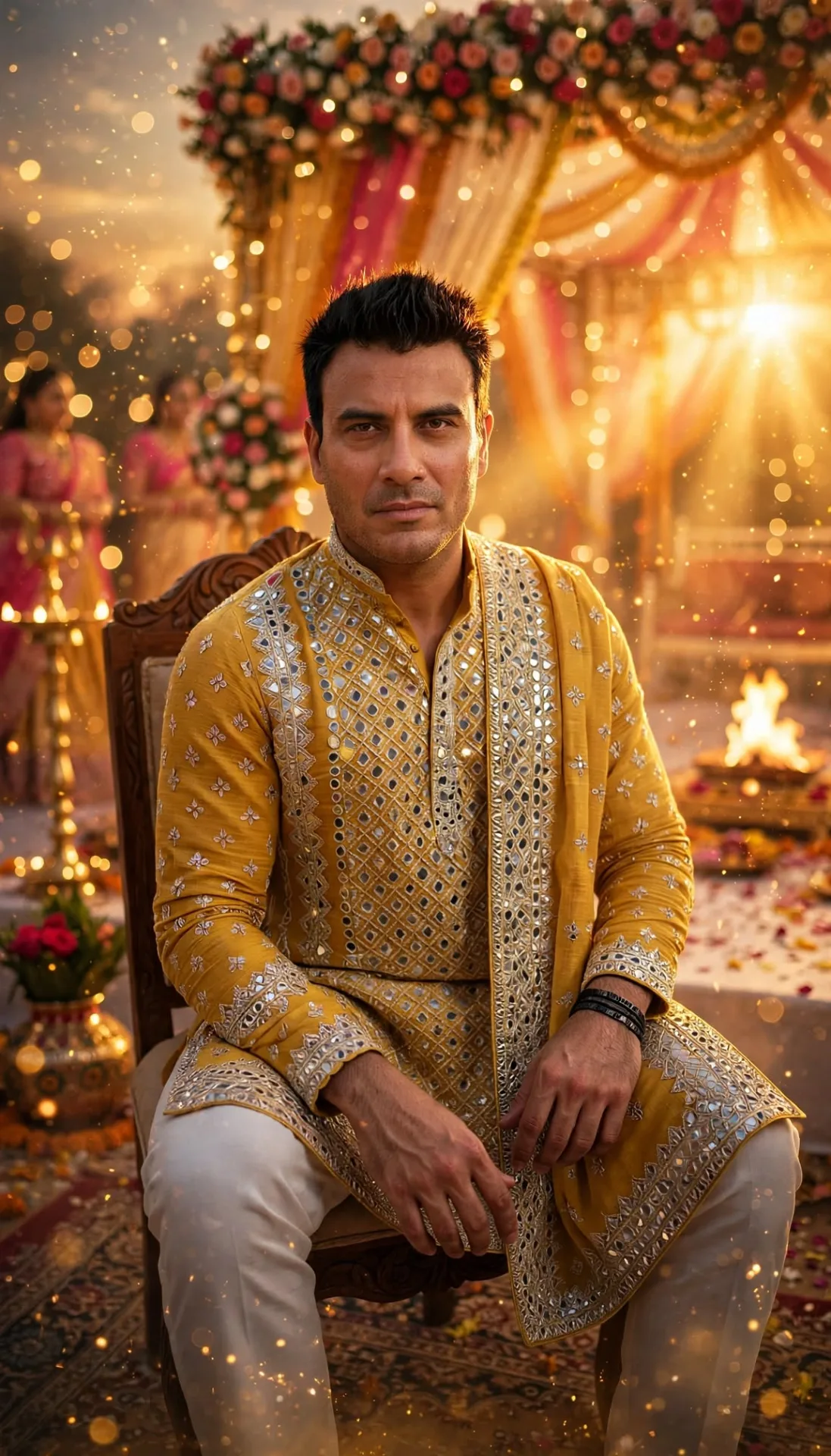Intensify golden cinematic glow, stronger warm golden light, rich amber highlights, glowing skin, golden hour cinematic lighting, more