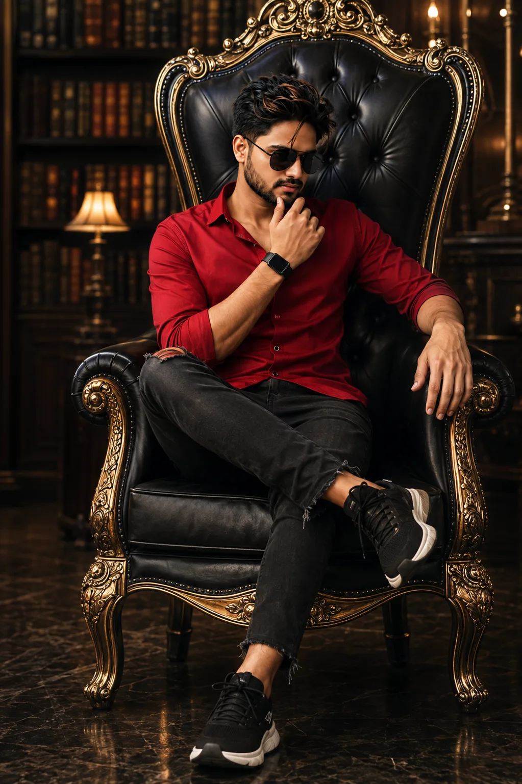 "An ultra-realistic, cinematic full-body portrait of a 24-year-old stylish handsome young South Asian man with a well-groomed beard and