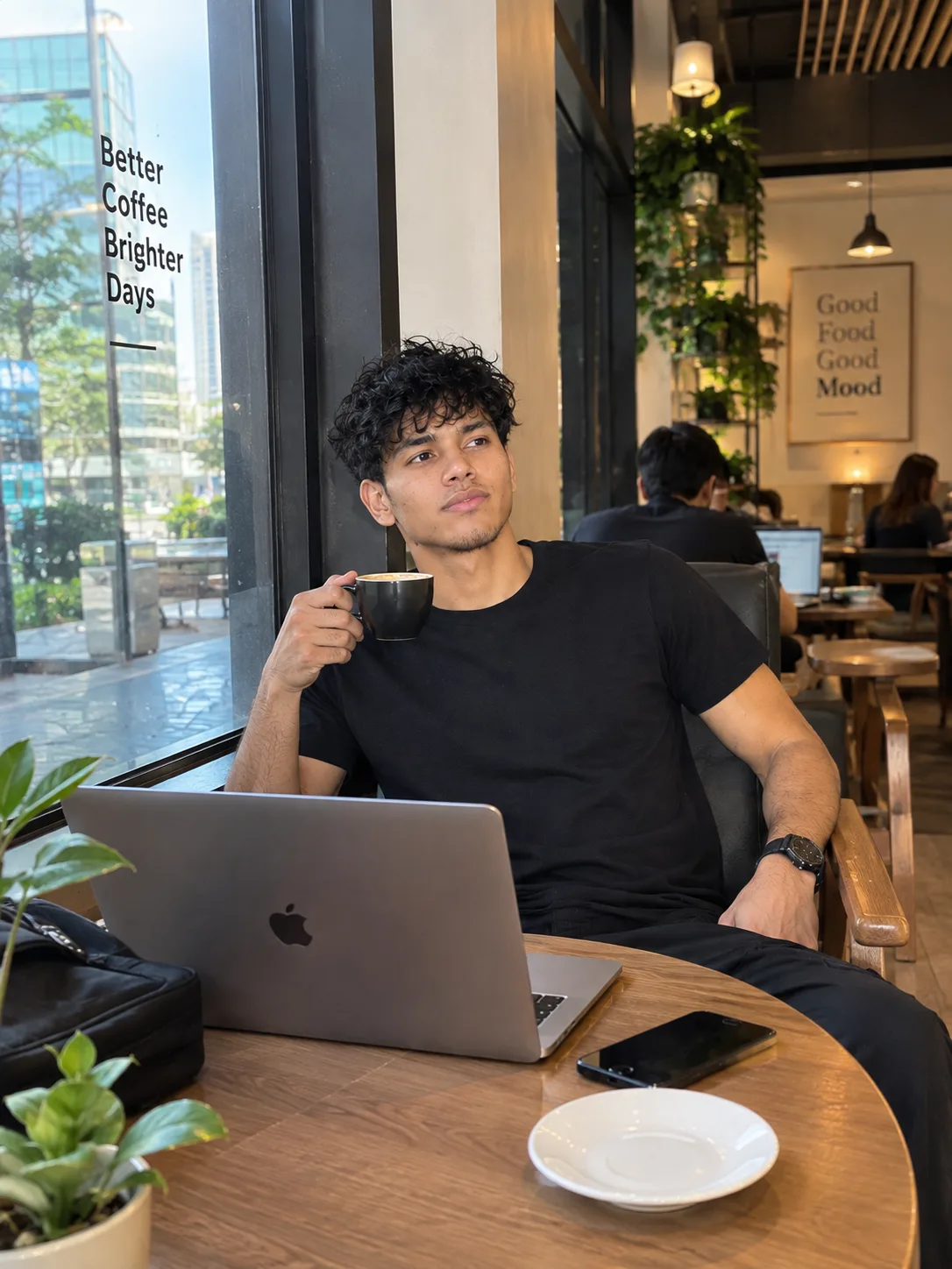 Young man sitting in a modern coffee shop near a large window, holding a coffee cup, MacBook on the table, cozy café atmosphere, natural