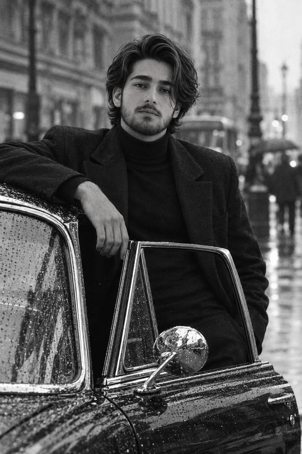 **Ultra-realistic cinematic black-and-white vintage street photograph of a handsome young adult man leaning casually against the open door