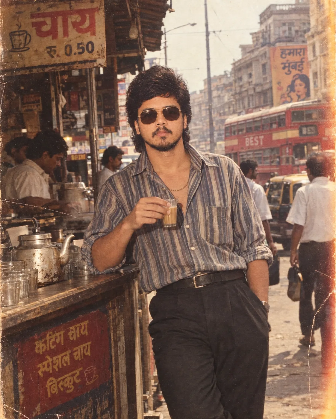 Use the uploaded photo as the identity reference and create a highly realistic nostalgic 1980s Mumbai street photograph of the SAME young