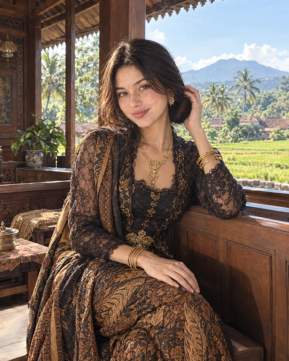 A photorealistic image capturing a beautiful Indonesian woman wearing authentic traditional East Javanese attire, gazing softly to the side