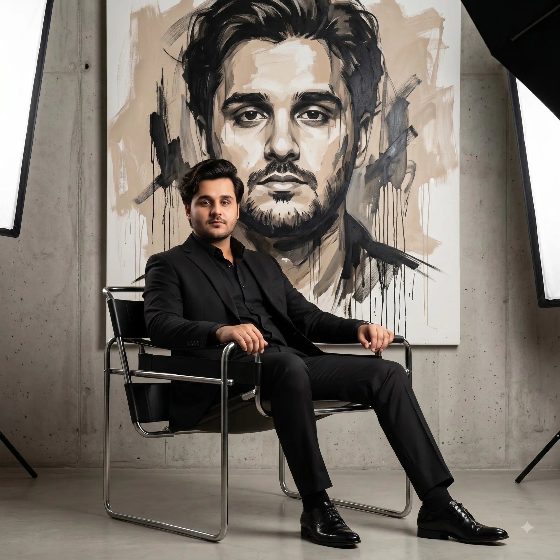 “Create a high-fashion editorial portrait of a young man from the reference image.
