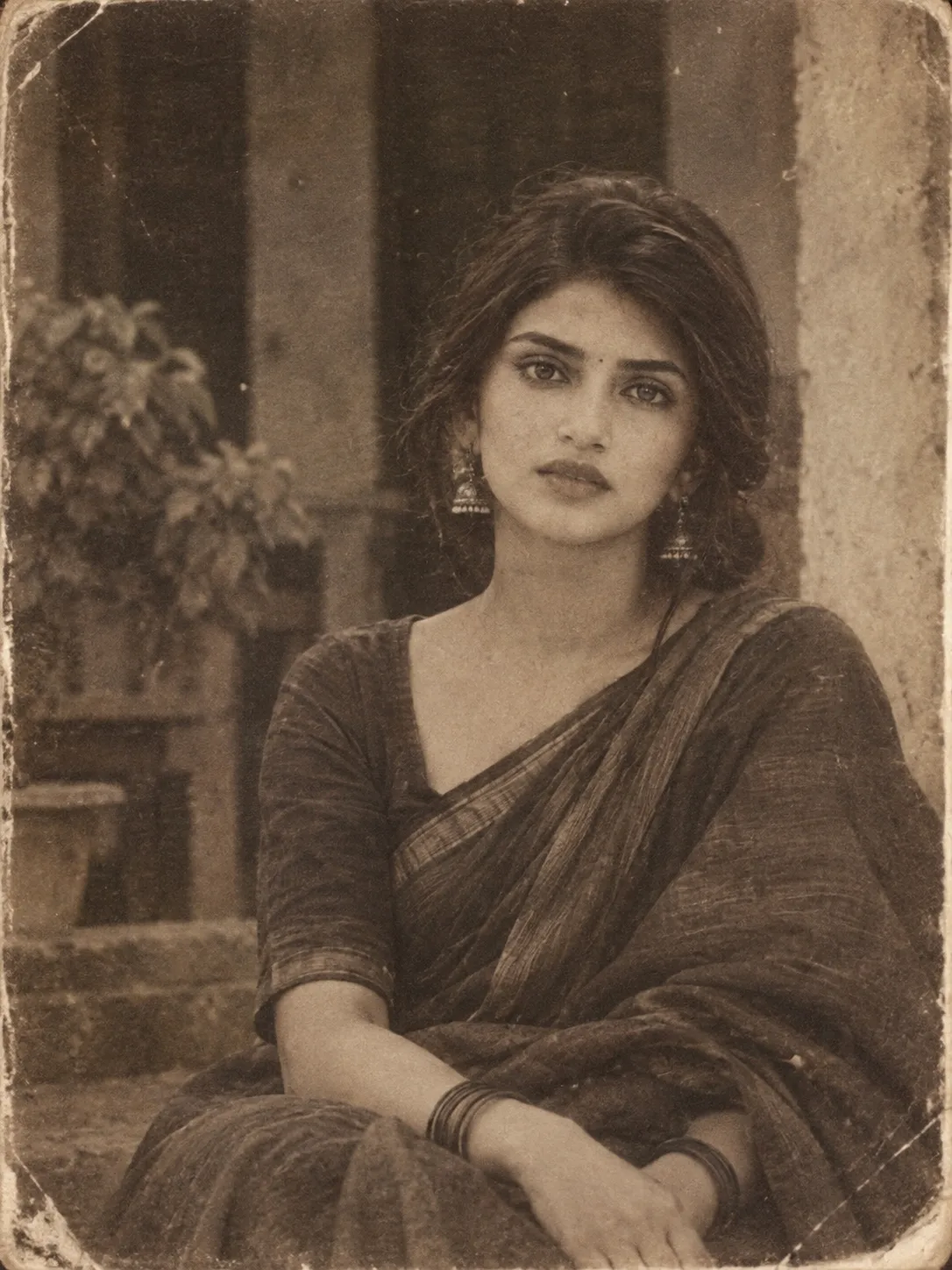 The result must look like an actual scanned 1960s–1970s Indian family photograph, not a modern AI-generated portrait.