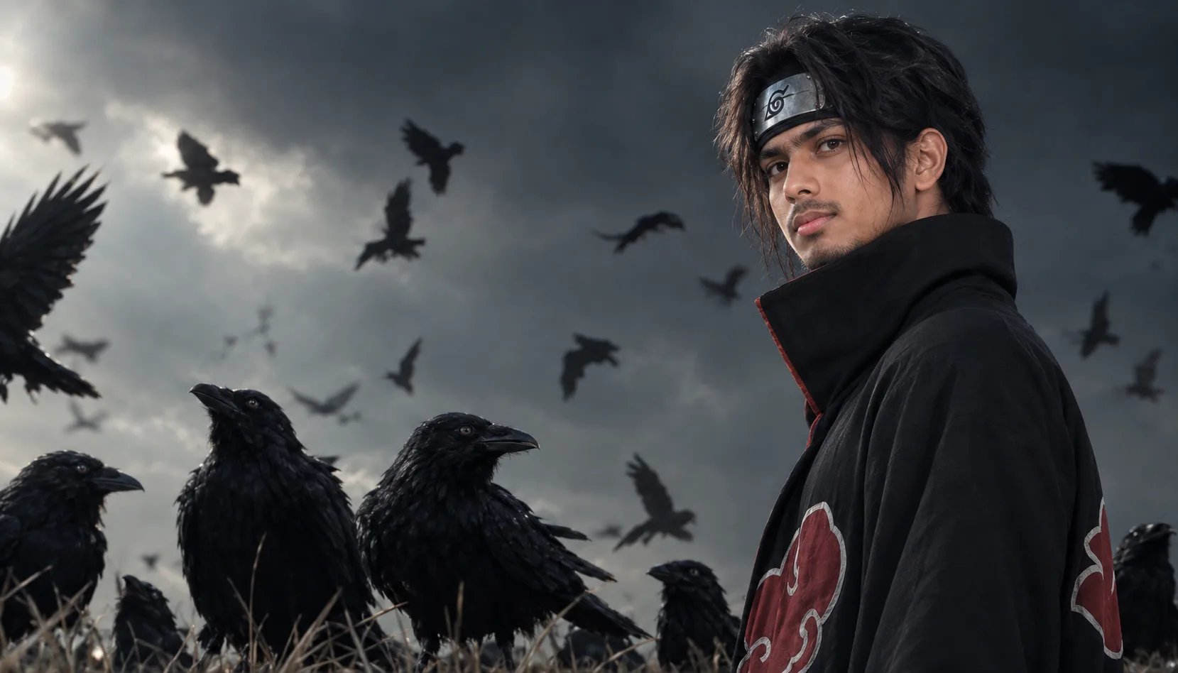 Ultra-realistic cinematic portrait of a young South Asian male standing in an open field beneath a vast dramatic stormy sky, using the
