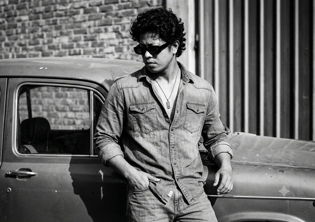 A cinematic black and white portrait of a young man leaning against an old vintage car in an outdoor industrial setting, shot in a moody,