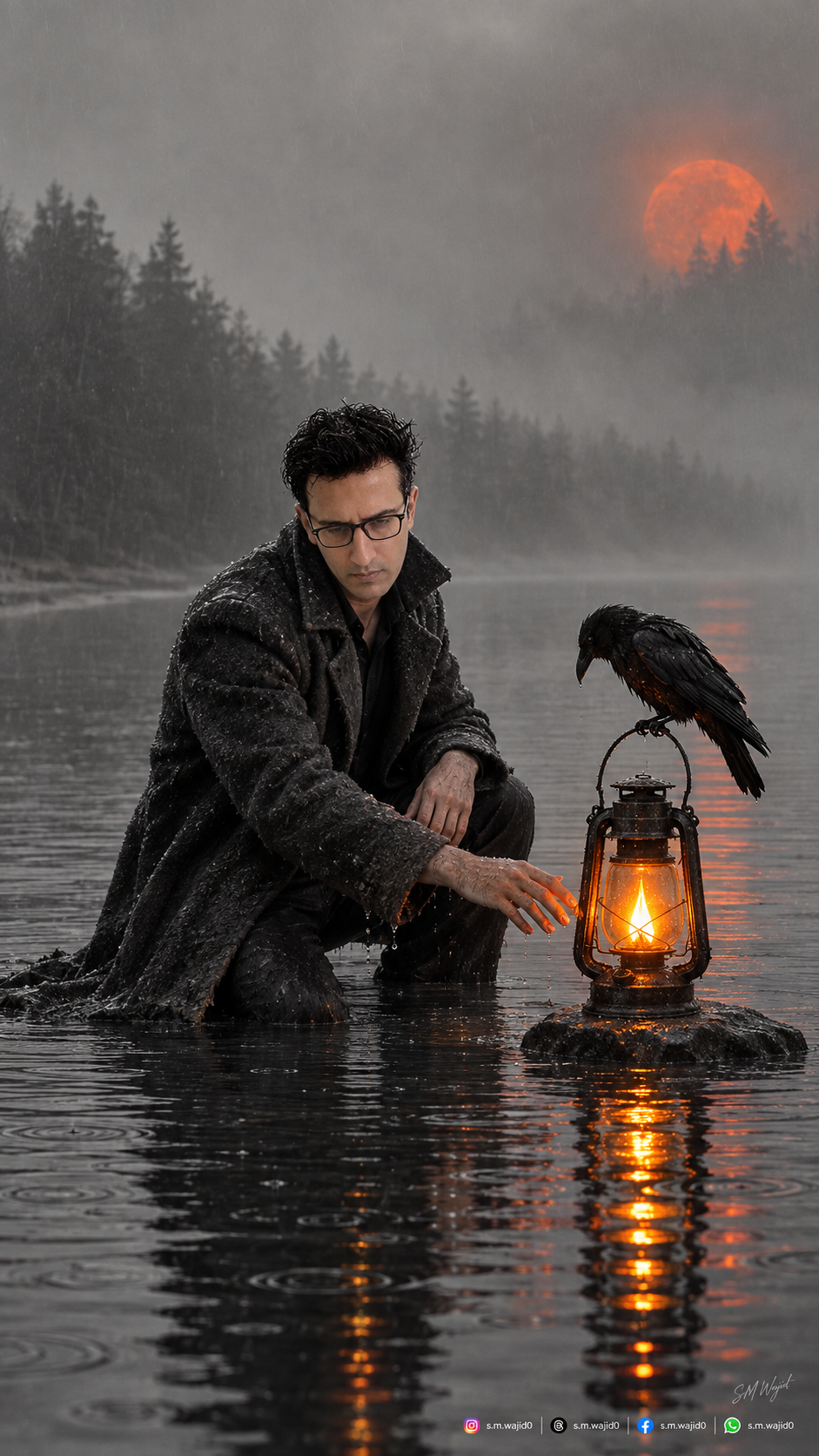 Even the darkest nights have a flicker of hope Damnze24 SUBJECT A man kneeling on one knee in still lake water in front of a lantern,