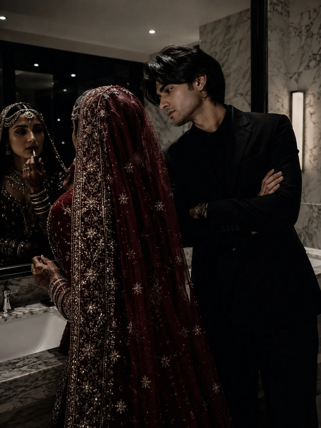Prompt: A cinematic, moody South Asian wedding scene photographed indoors in a luxurious marble-and-glass bathroom/vanity area.