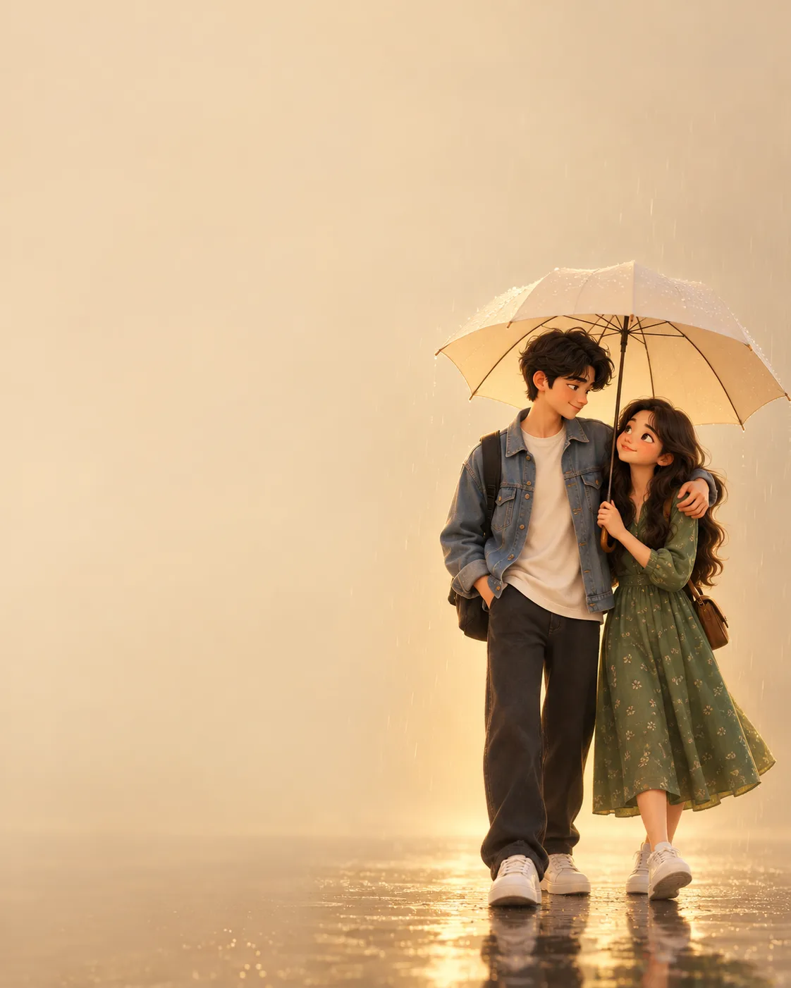 WARM MINIMALIST 3D ANIMATED EDITORIAL FULL-BODY ILLUSTRATION OF A CUTE YOUNG COUPLE STANDING FULL-BODY ON THE LOWER-RIGHT SIDE, SHARING ONE