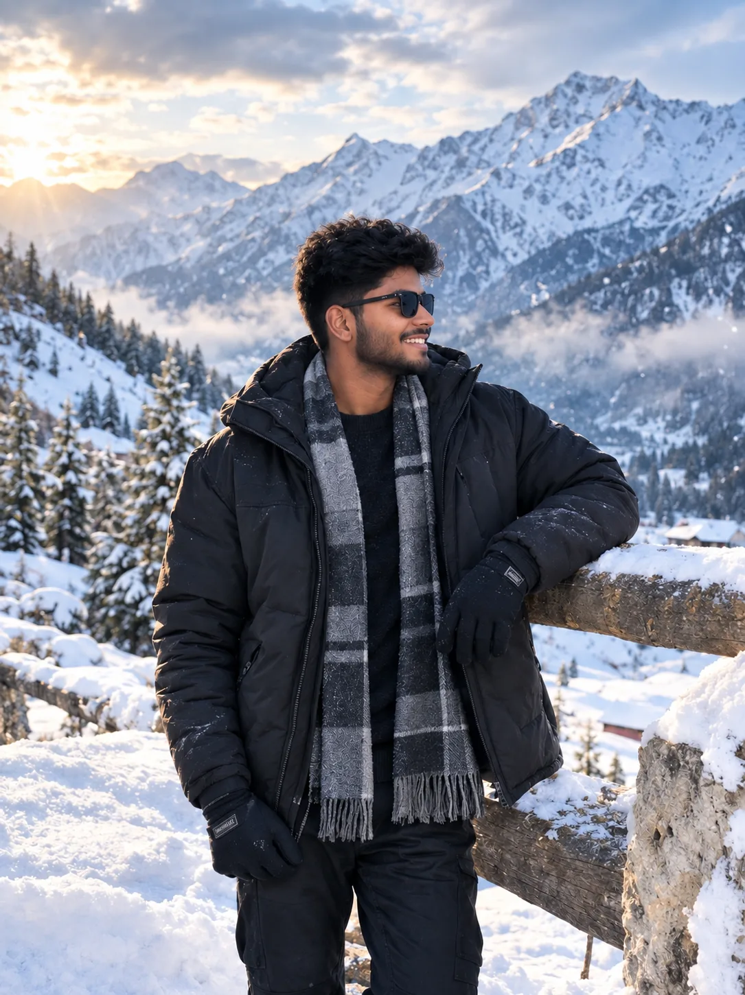 Create an ultra-realistic, professional 4K cinematic photograph of me standing confidently in a breathtaking snowy mountain landscape.