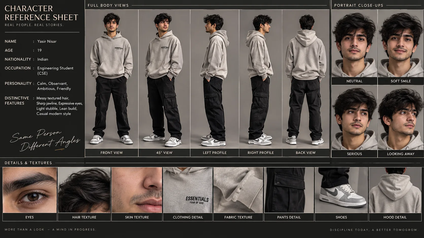TITLE: PROFESSIONAL CHARACTER REFERENCE SHEET STYLE: PREMIUM AI FILMMAKING CHARACTER DEVELOPMENT Create a professional, ultra-realistic