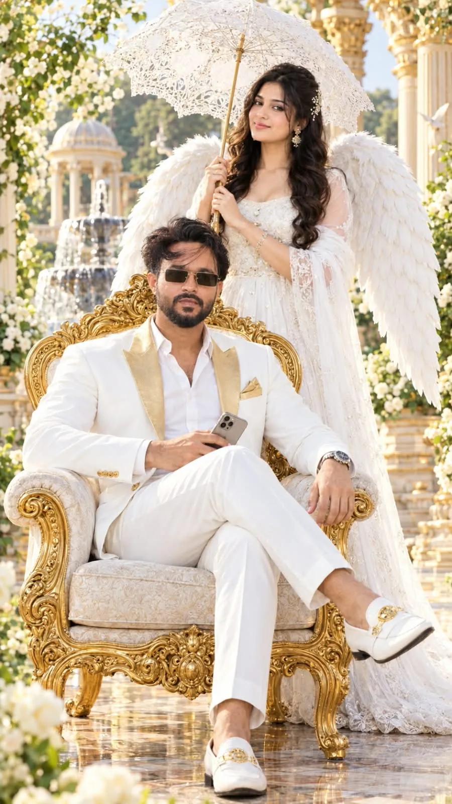 Create an ultra-photorealistic, high-end cinematic vertical 9:16 luxury couple portrait, closely recreating the uploaded reference image.