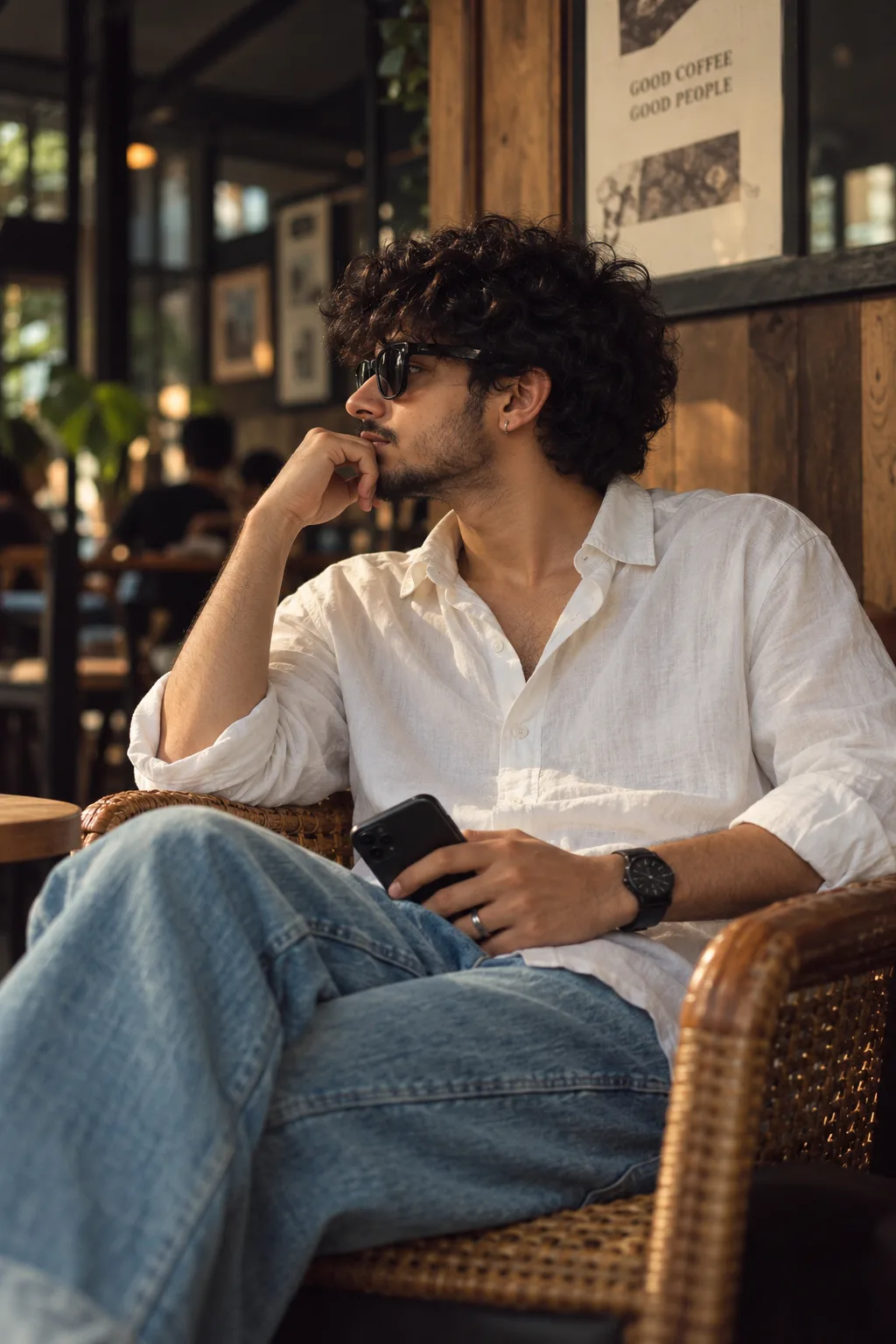 A cinematic, realistic, moody indoor café portrait of a young man sitting on a rattan chair, looking thoughtfully to the left side, with a