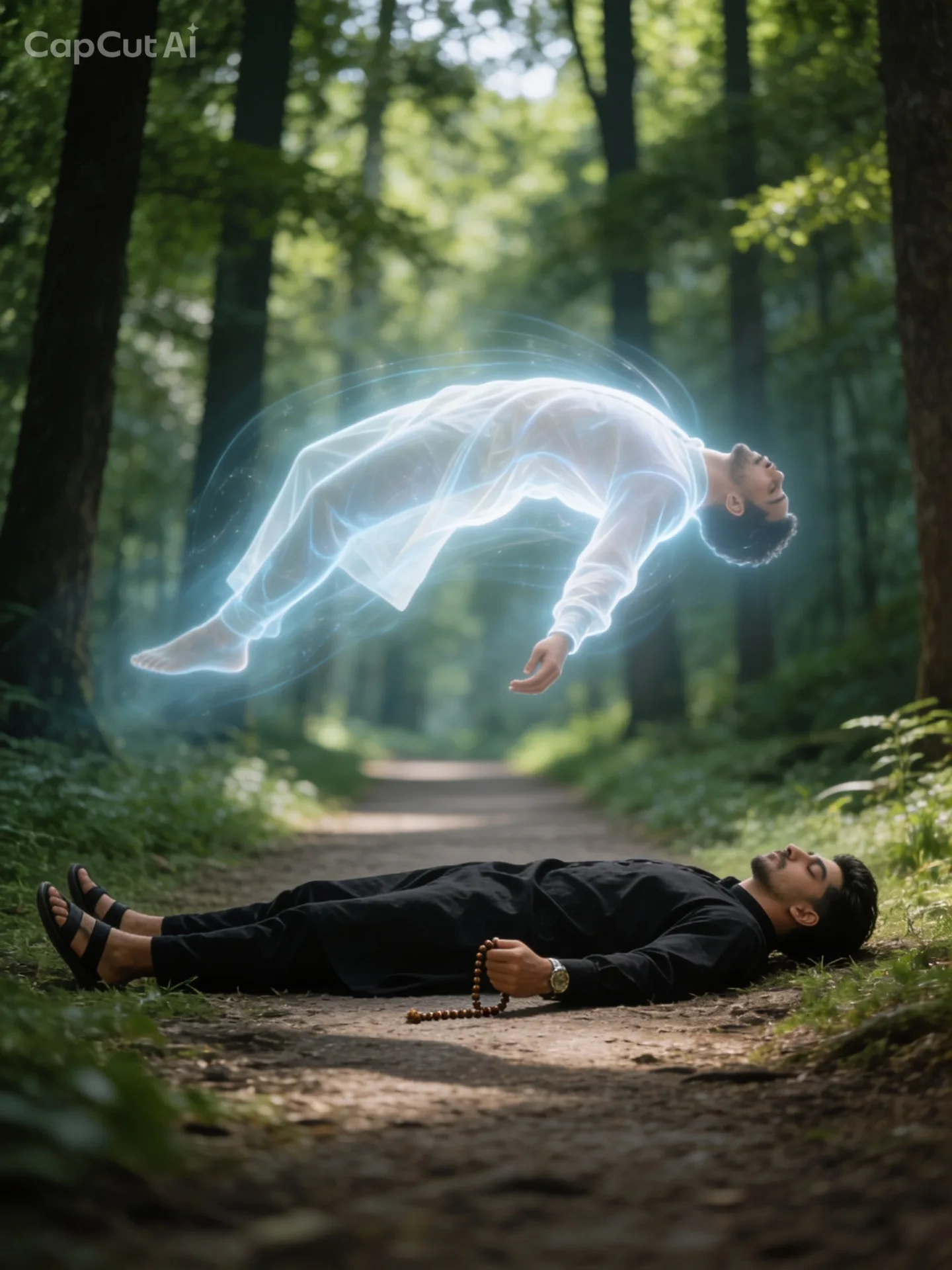 Ultra-realistic cinematic photography of a person lying on a forest path with eyes closed.