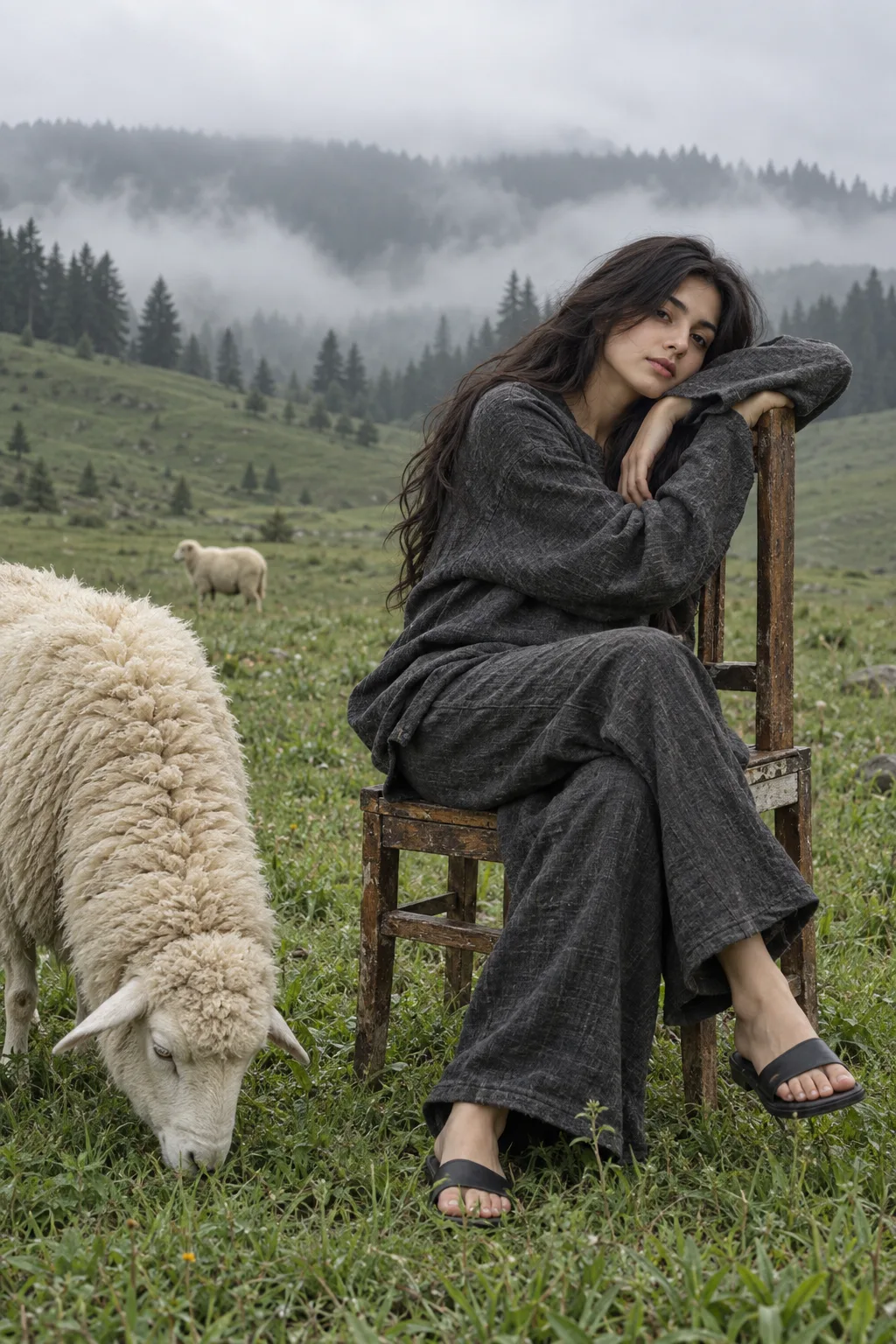 young woman with long, dark wavy hair sits sideways on a rustic wooden chair in a misty green pasture, her body angled toward the camera