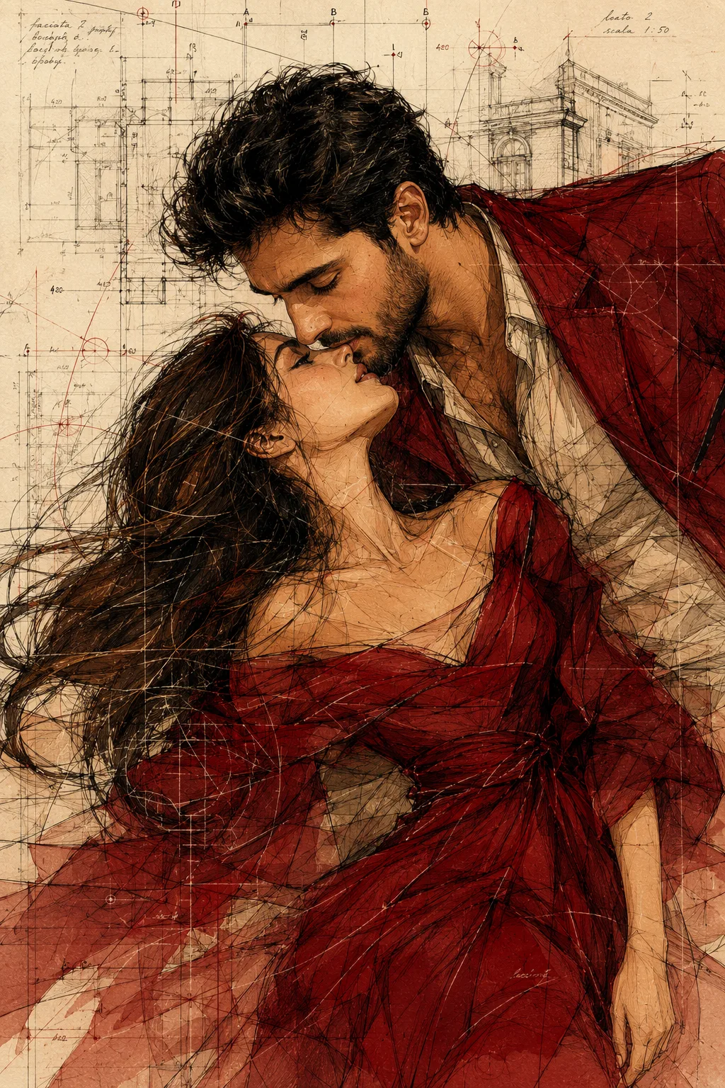 Create a highly detailed editorial fashion illustration of a romantic adult couple, a man and a woman, in an intimate cinematic pose,