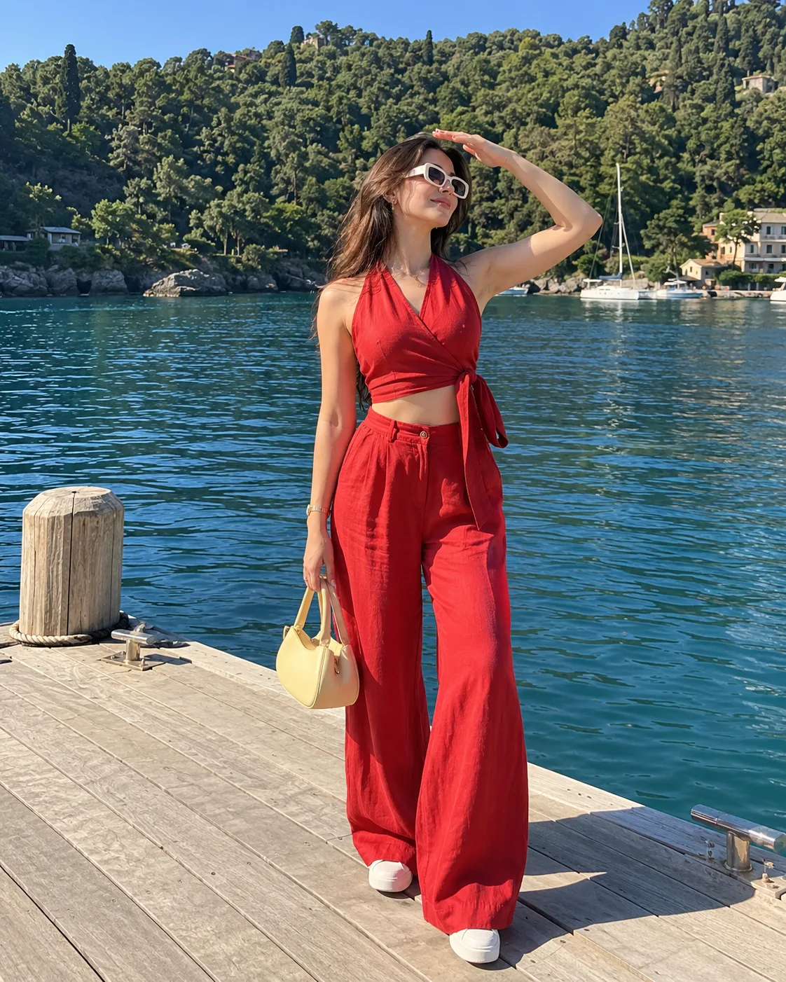 A full-body shot of a chic young woman standing on a sunny waterfront dock.