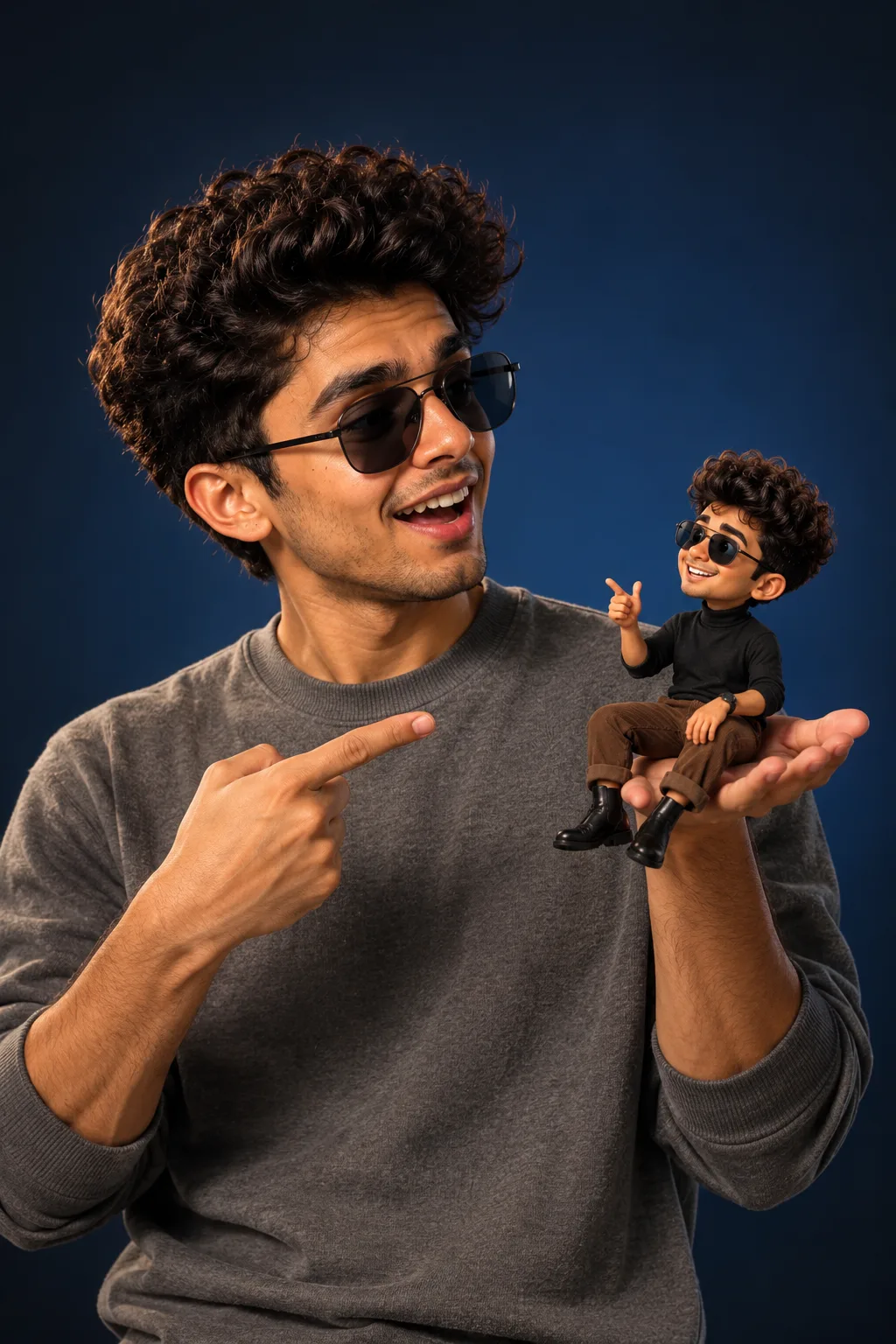 { "Objective": "Create a studio portrait blending a real human with a tiny Pixar-style 3D cartoon version of themselves in a playful,