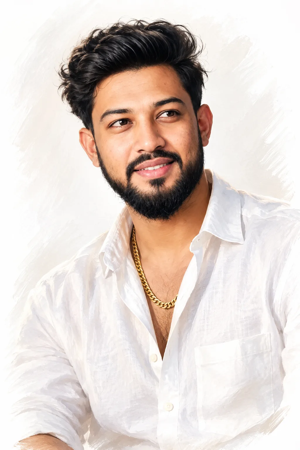 A HIGH-QUALITY DIGITAL PAINTING OF A HANDSOME YOUNG INDIAN MAN WITH A JOYFUL SMILE, LOOKING OFF-CAMERA.