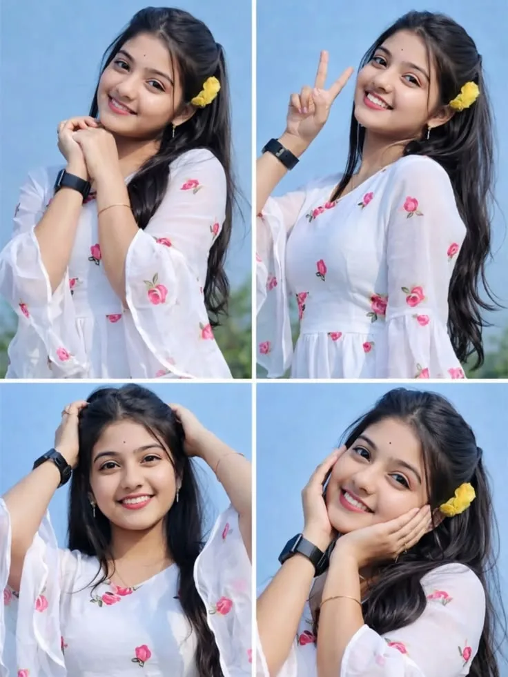 A photorealistic vertical four-panel photo grid collage (2x2 layout) capturing a young South Asian woman outdoors under a clear blue sky,
