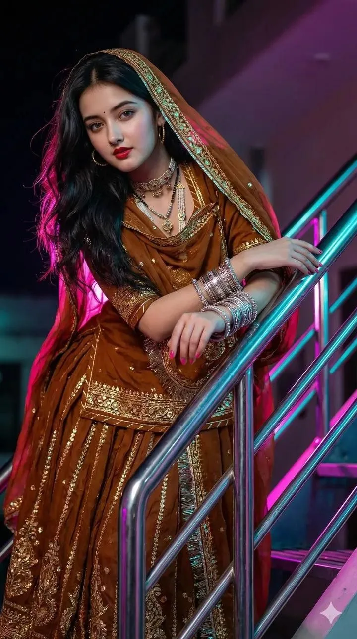 A stunning young Indian woman wearing a luxurious deep-brown traditional saree with intricate golden embroidery, ornate embellished border,