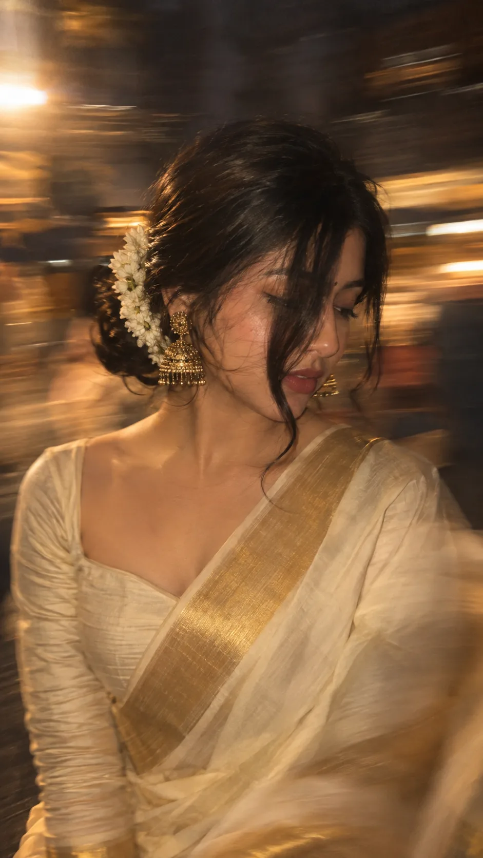 Without changing original face create an Intentional artistic motion-blur portrait, shot on a smartphone or long-exposure camera.