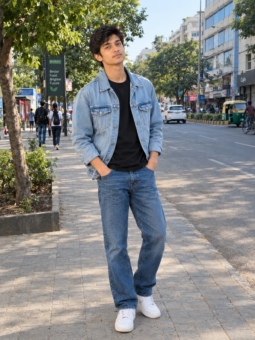 A highly detailed realistic photograph of a young man standing on a city street during daytime.