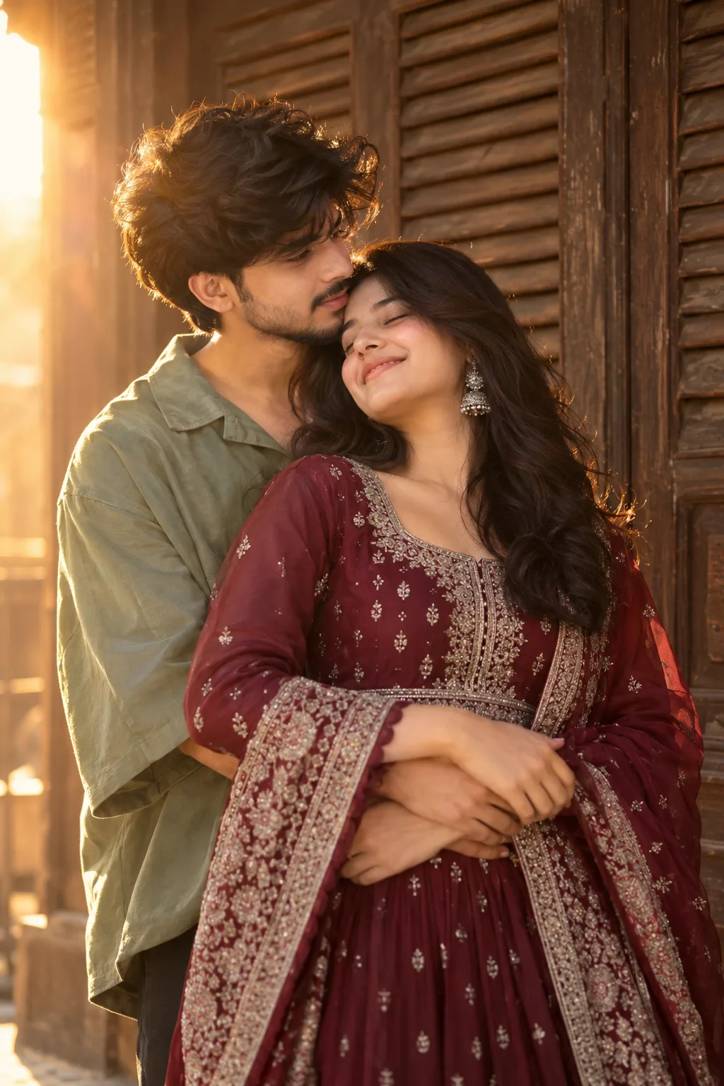 A realistic, cinematic photo of a young Indian couple captured in a warm, intimate romantic moment.