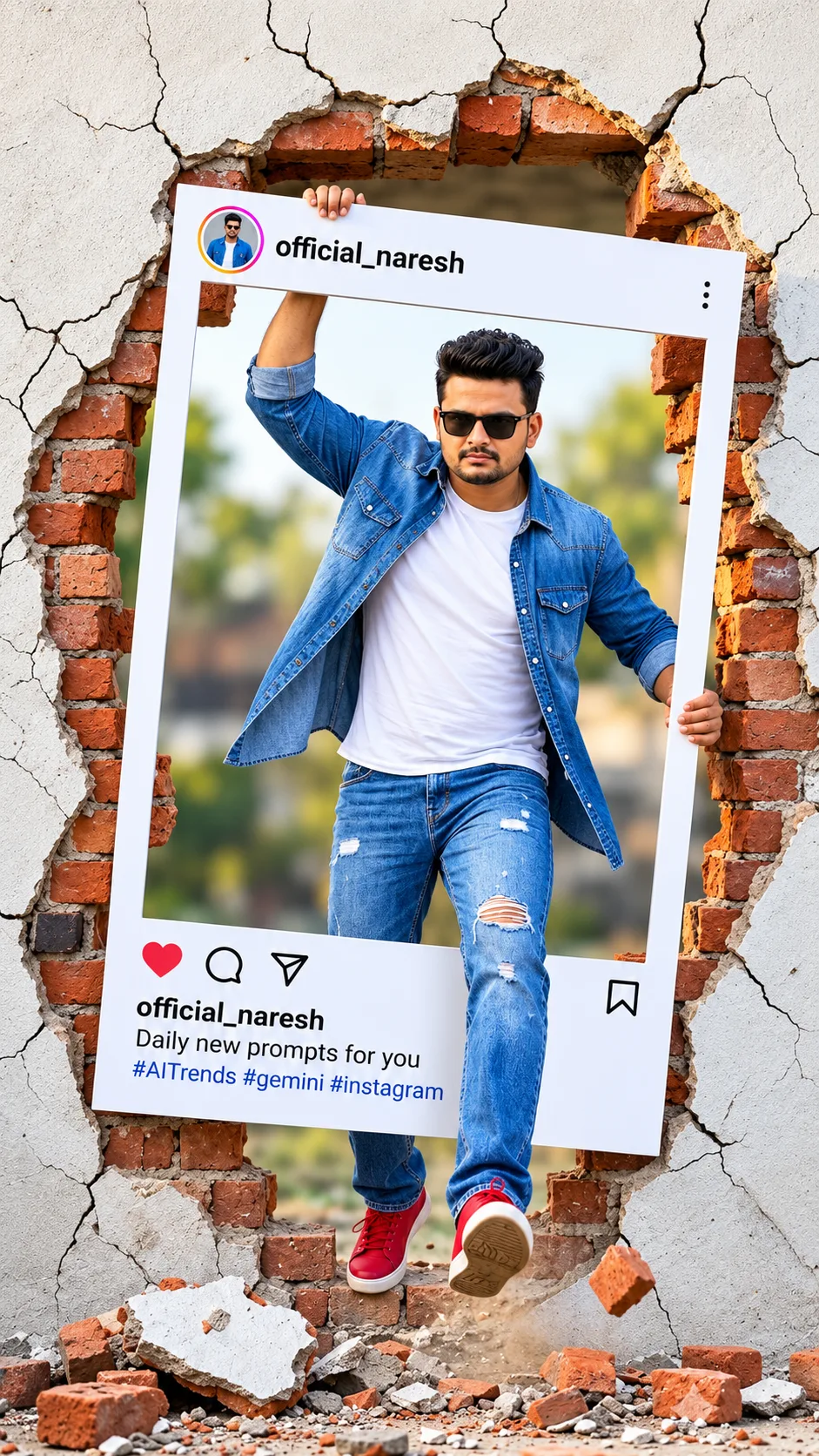 Ultra-realistic 4K/8K cinematic portrait of a confident young Indian man dramatically breaking through a cracked brick and plaster wall