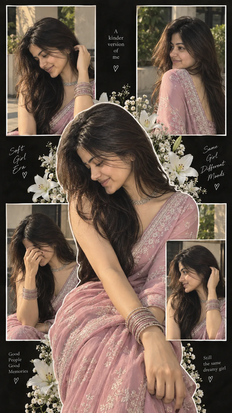 AI Image Generation Prompt πΈ Photorealistic aesthetic collage of an adult Indian woman wearing an elegant pink saree with intricate silver