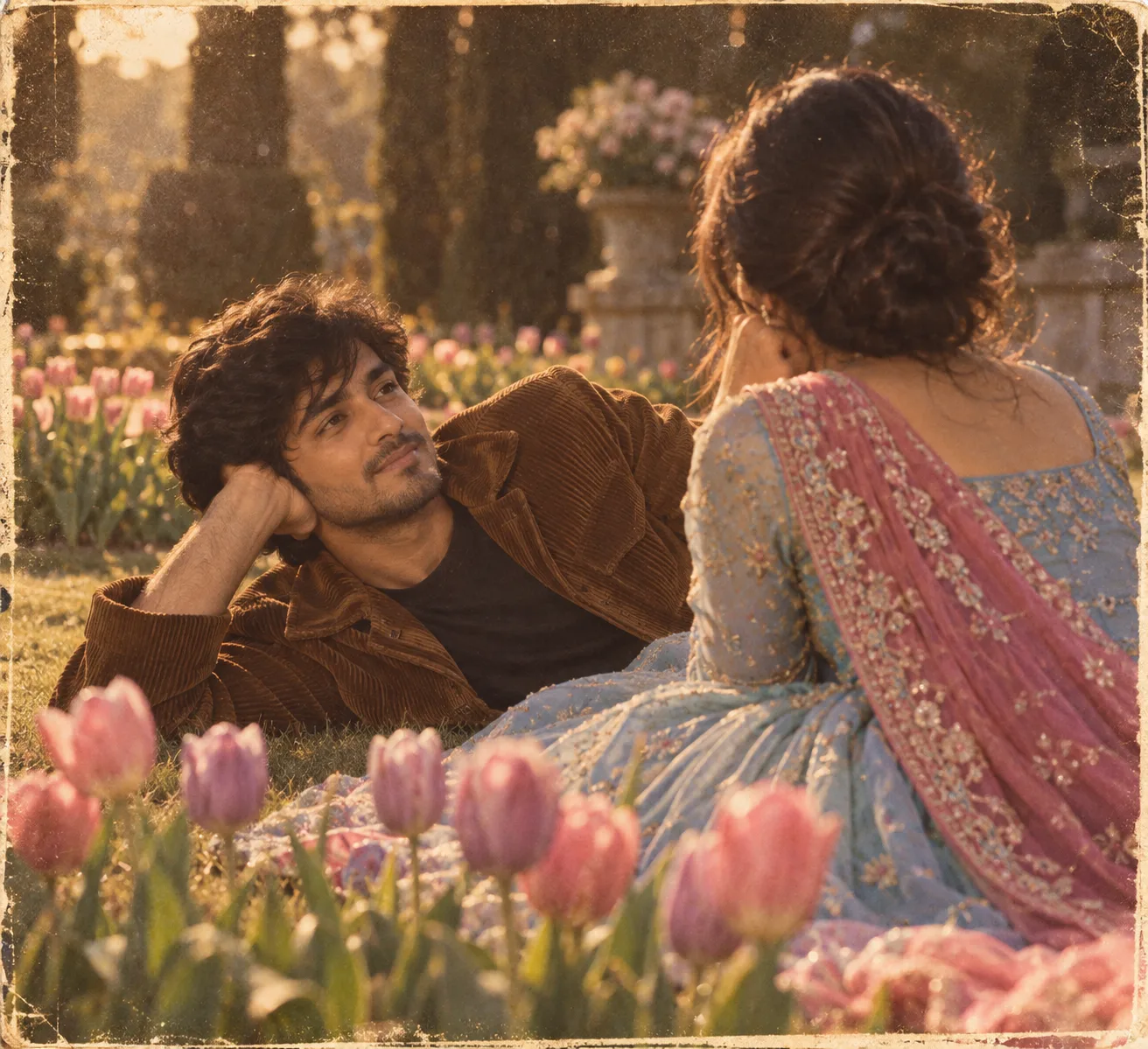 Using the attached photo as the exact face reference for the man only, create a dreamy 80s retro romantic garden portrait.