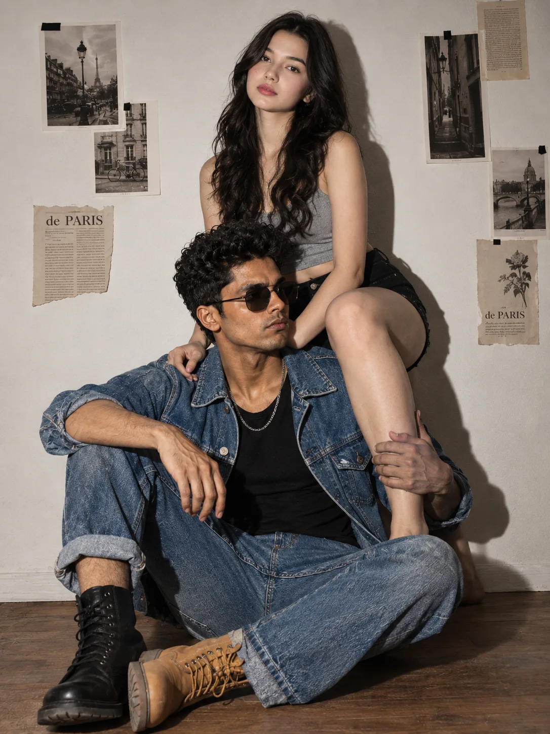 "Young Asian couple, cool/edgy fashion models.", "female_hair": "Long, black, naturally little wavy hair (soft waves, not crimped), smooth