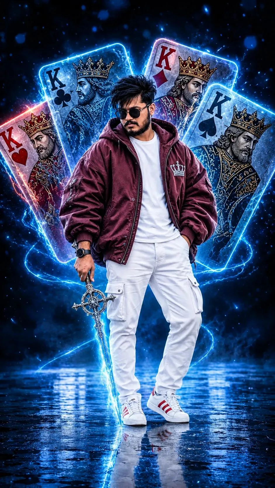 A full-body, hyper-realistic photo of a stylish young South Asian man standing in an urban fantasy setting.