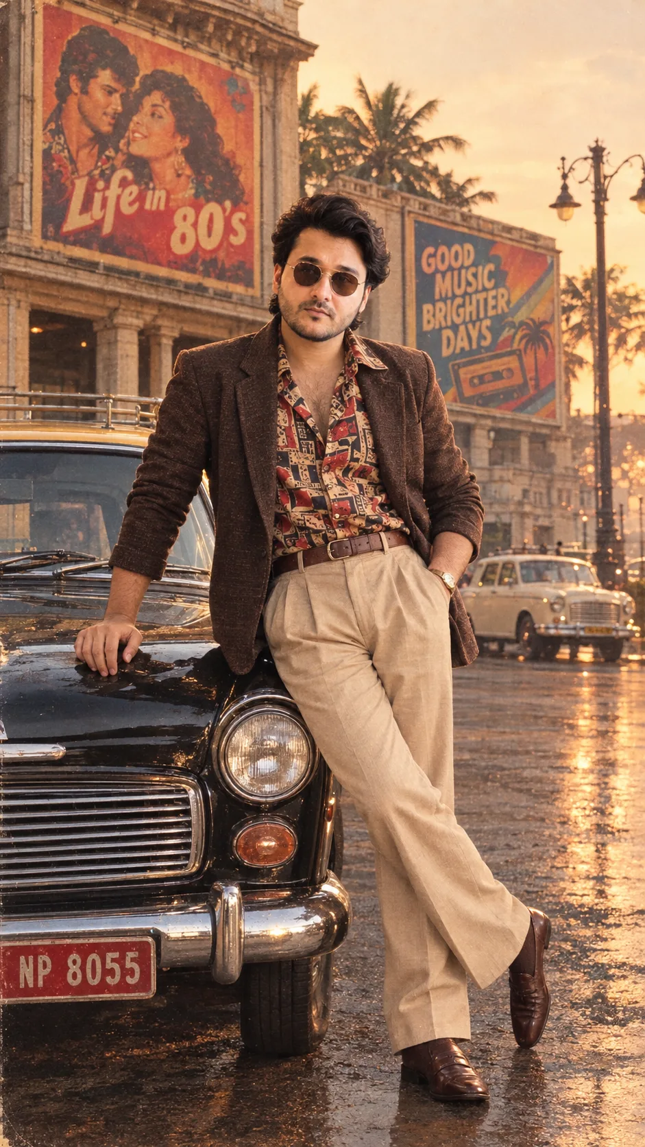 Cinematic full-body portrait of a young handsome Indian man same face refrance in his 20s, 1980s retro Bollywood style, wavy black hair,