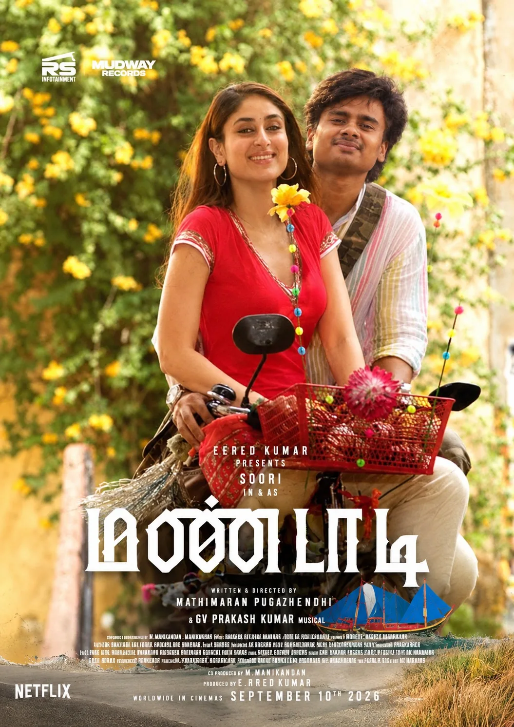 Create an ultra-photorealistic romantic South Indian movie poster based on the uploaded reference image.