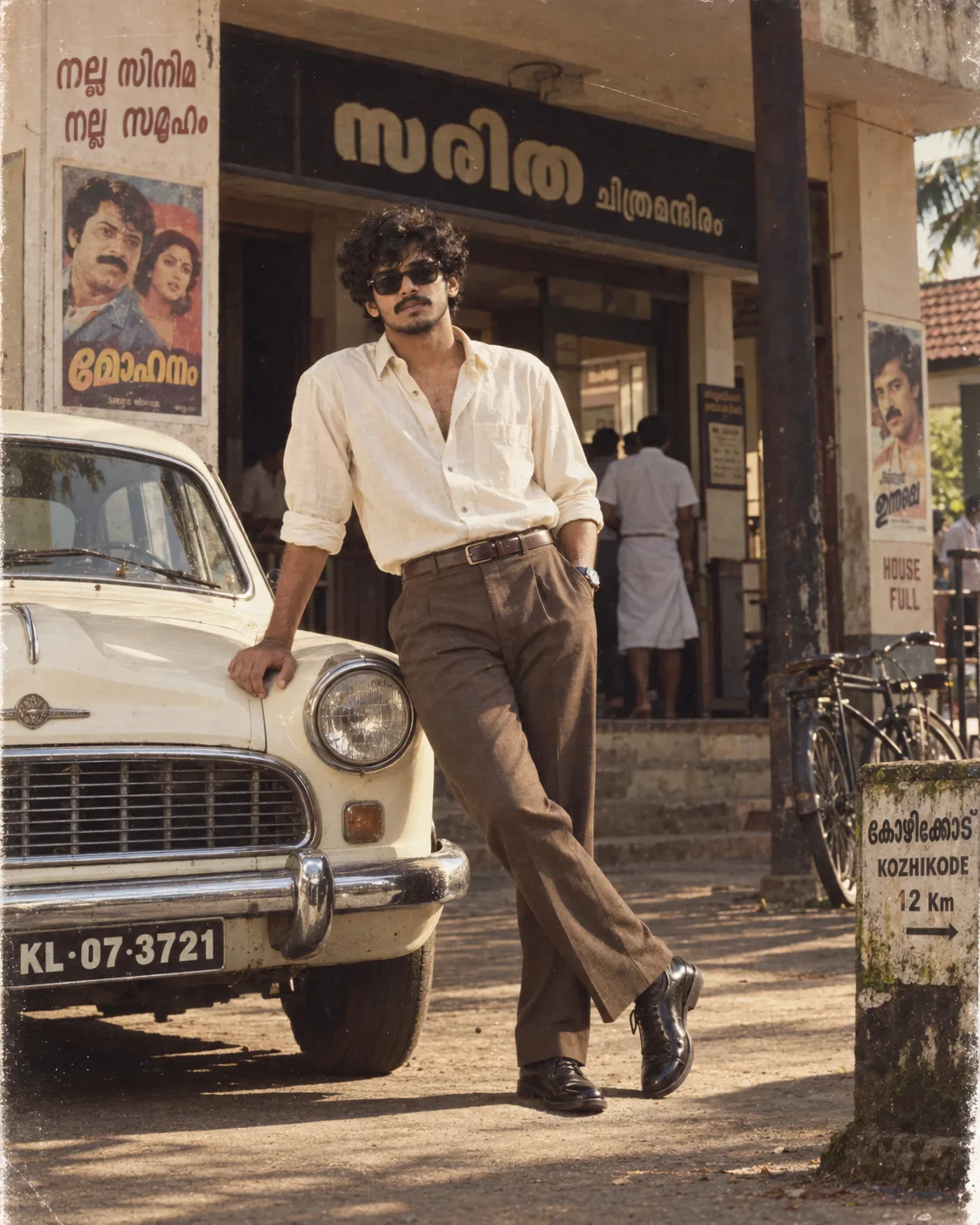 A stylish young man with curly hair, a thick moustache and light beard, wearing black sunglasses, standing casually and leaning against the