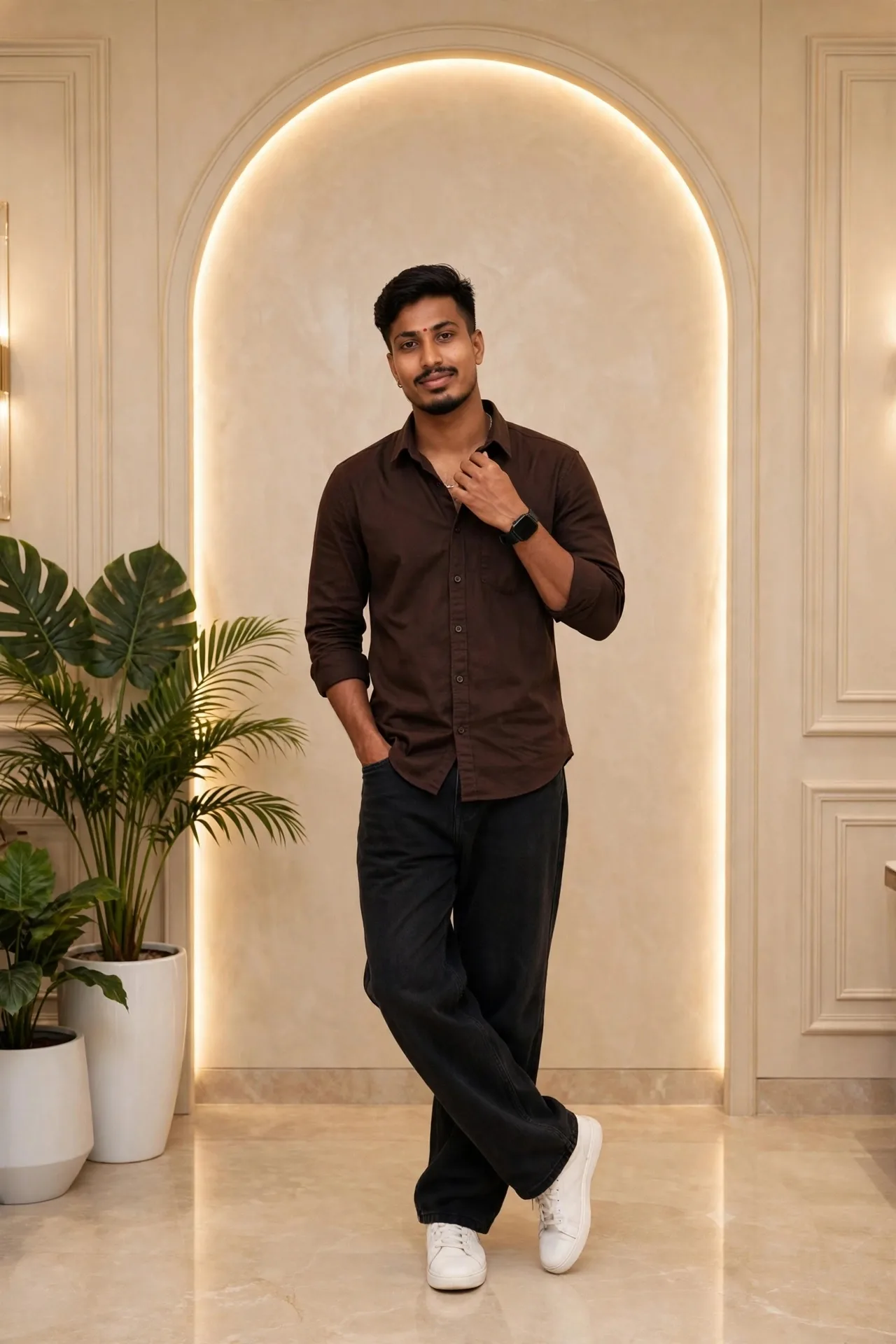 Create a highly realistic full-body lifestyle portrait of a young Indian man standing casually indoors.