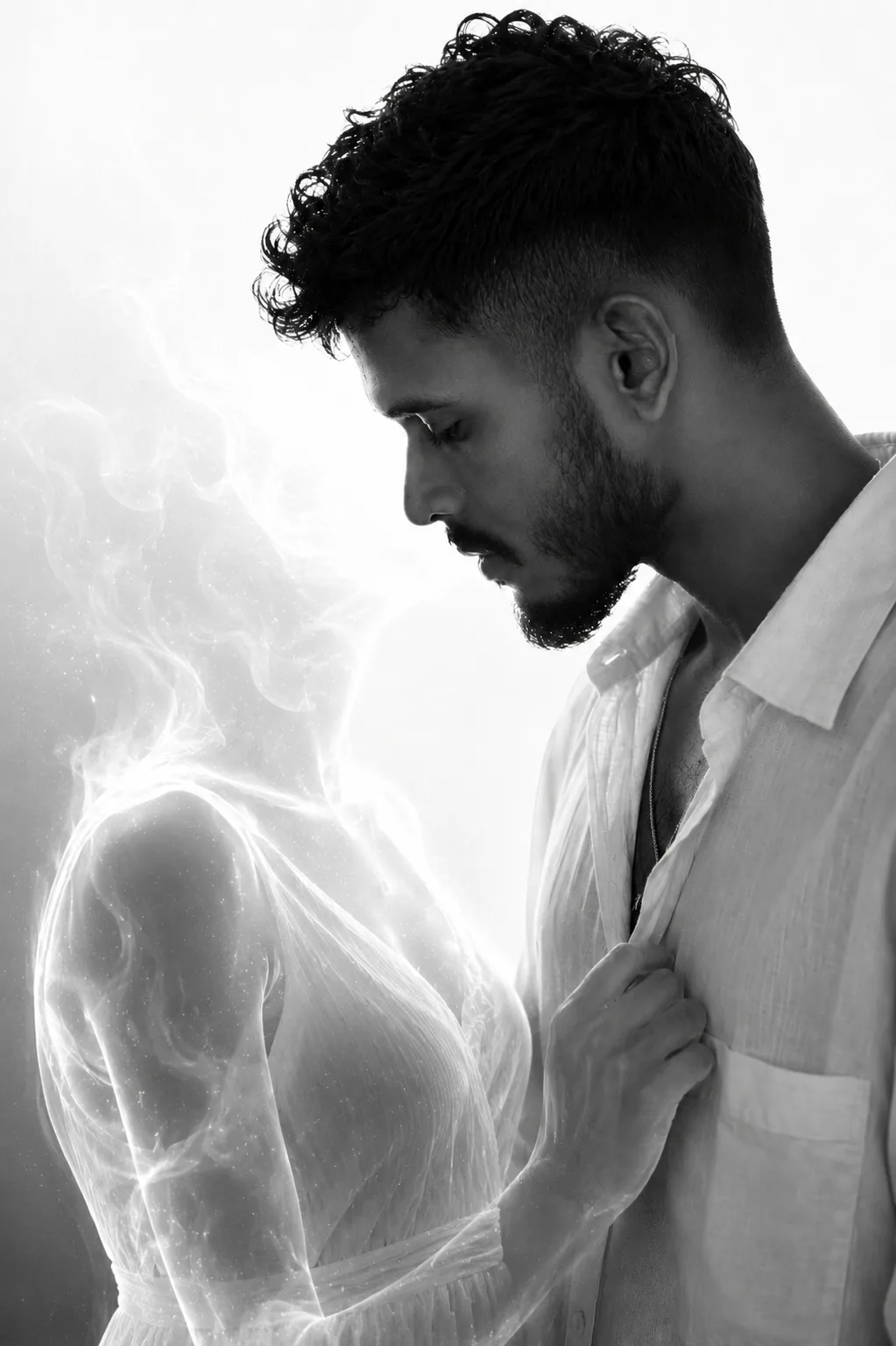 Create an ultra-realistic cinematic black-and-white fine-art portrait inspired by the provided reference image.