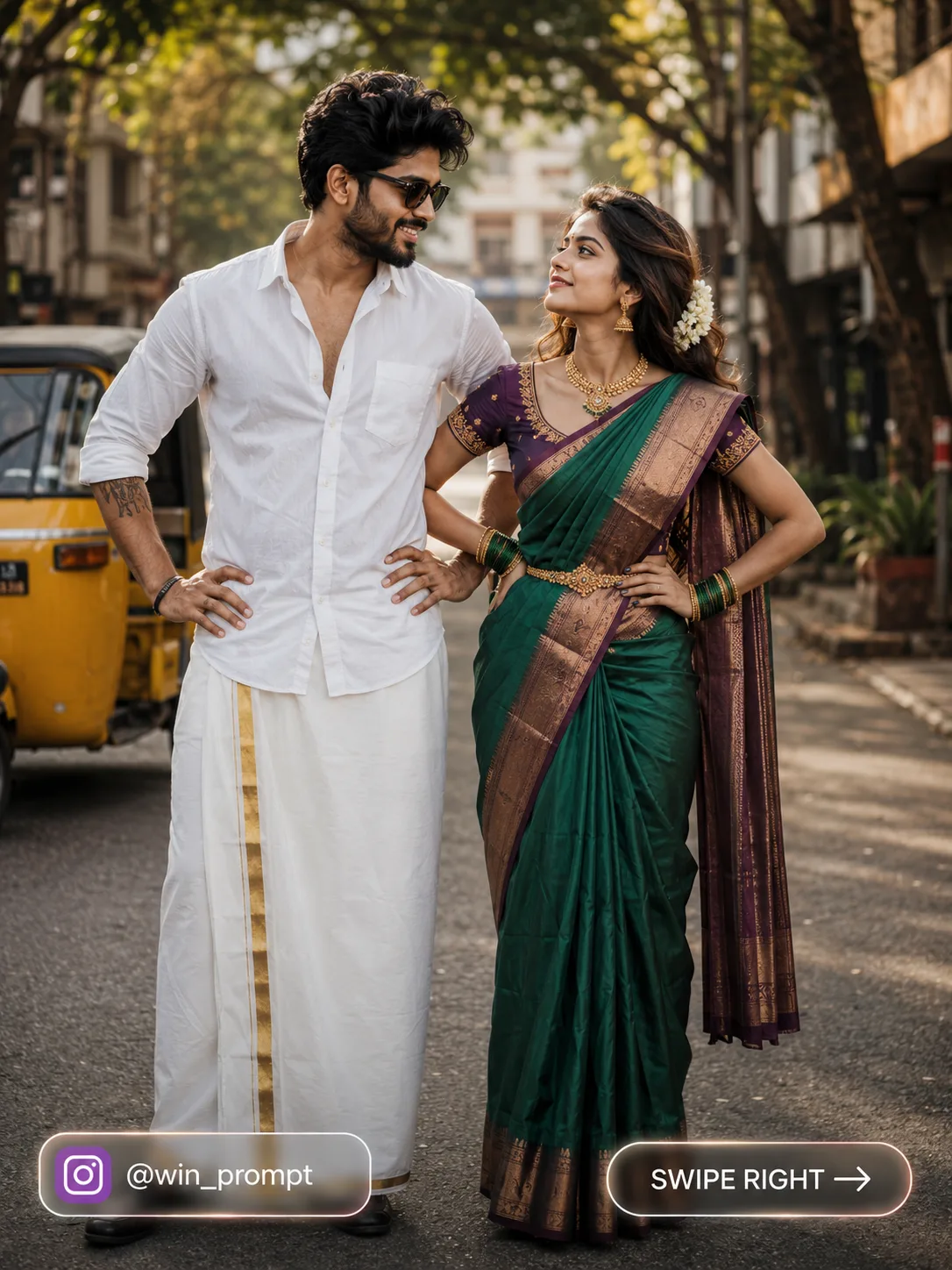 Create an ultra-realistic cinematic full-body portrait of a stylish young South Asian couple standing together on a street in an urban