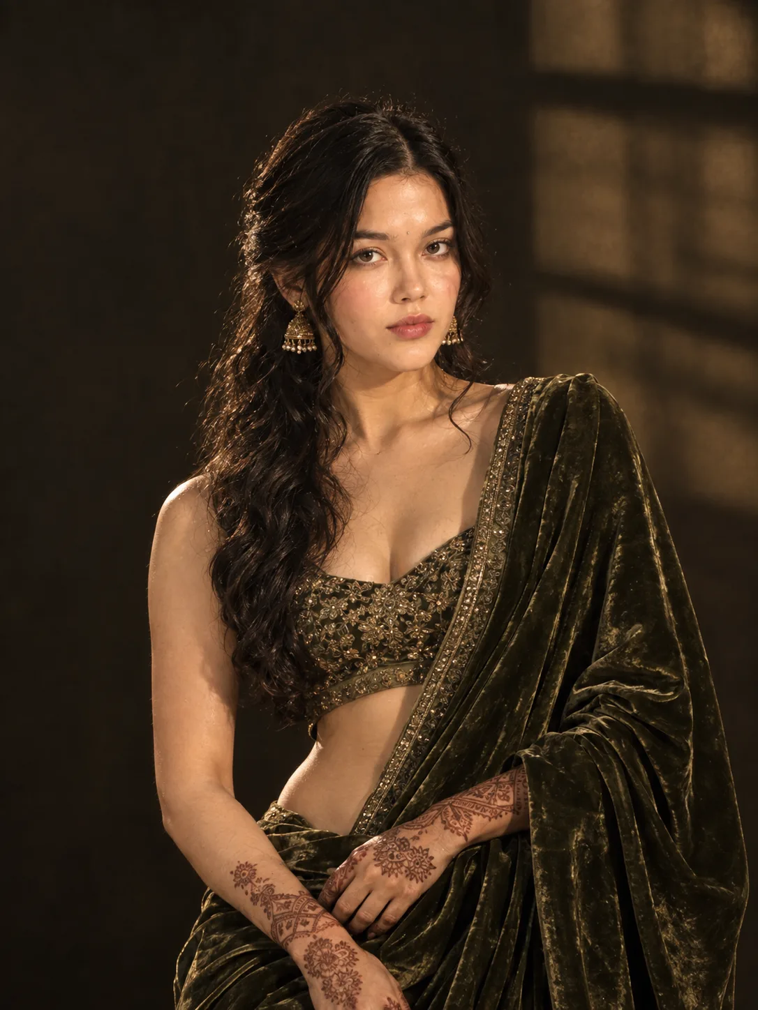 A detailed, high-fashion studio photograph of a woman posing gracefully, wearing a luxurious olive green velvet saree draped elegantly over