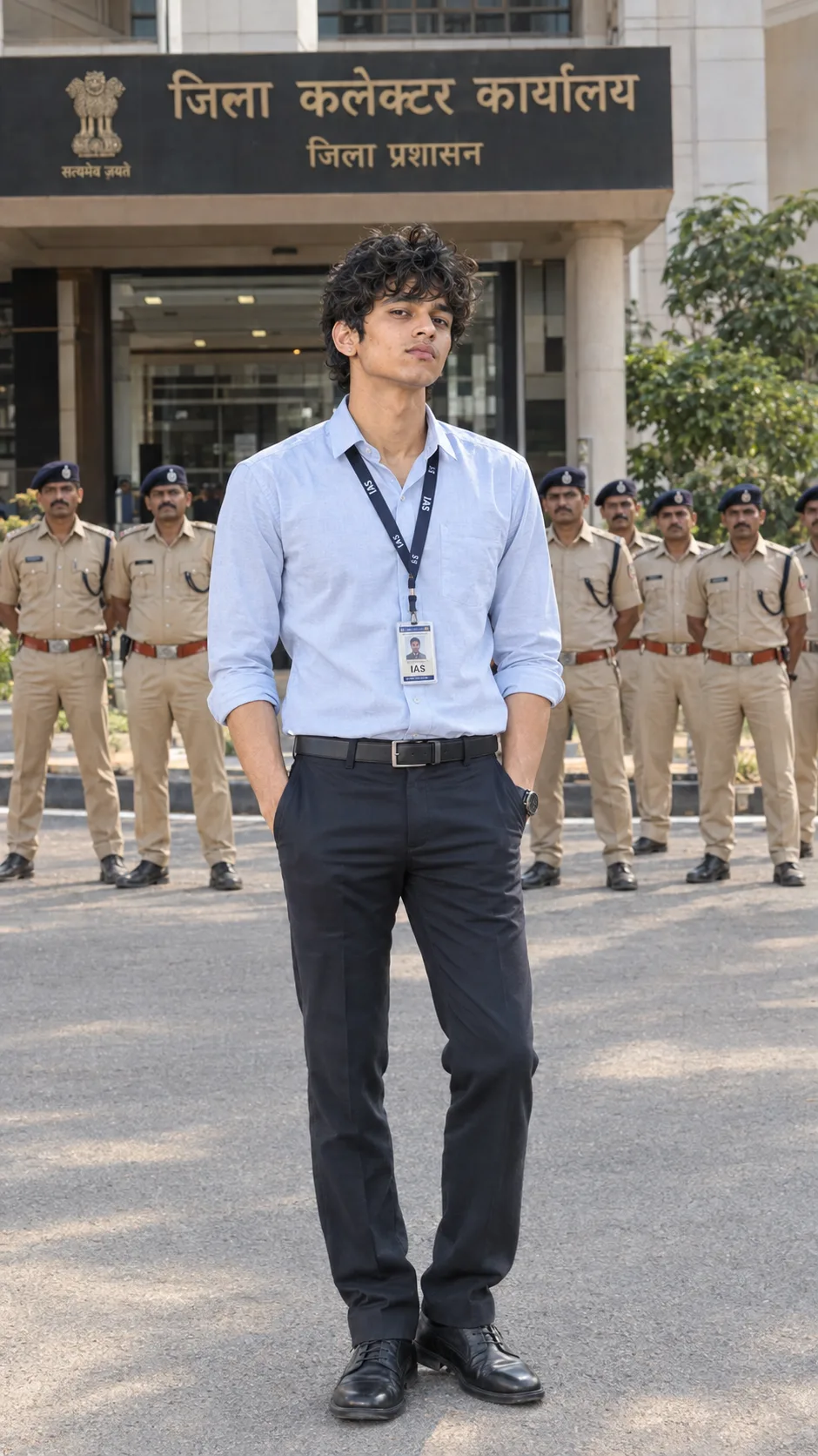 Ultra realistic full body photograph of a young man dressed as an IAS officer standing confidently during daytime, shot on a real DSLR