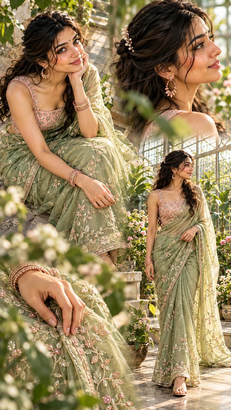 Prompt by @aipromptsgenz Create a photorealistic four-layer botanical fashion photograph of a gorgeous South Indian woman wearing a