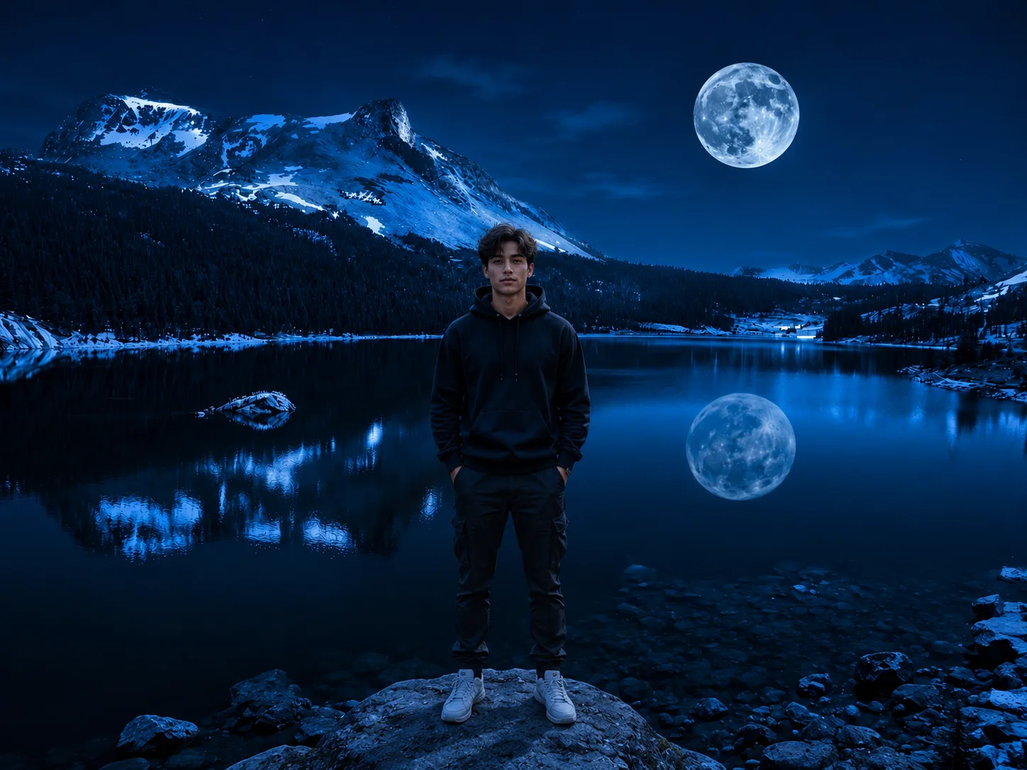 Create a cinematic, photorealistic nighttime portrait of a handsome young adult man standing directly facing the camera on a rocky