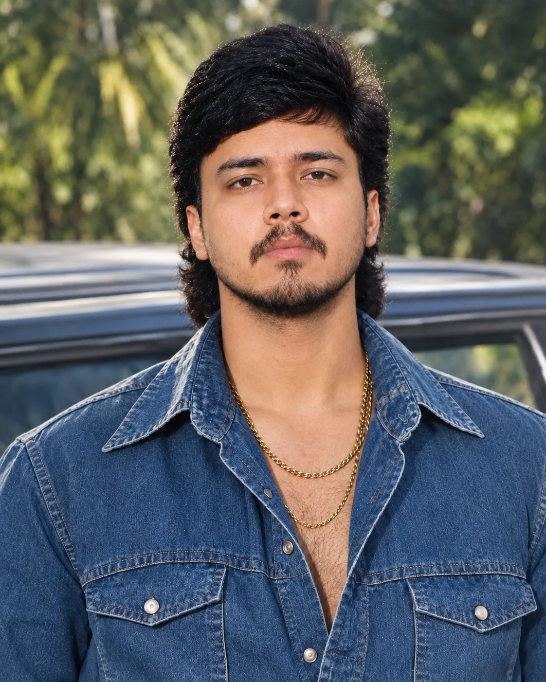 Create an ultra-realistic, high-resolution outdoor portrait of a young South Asian man standing in front of a softly blurred green natural