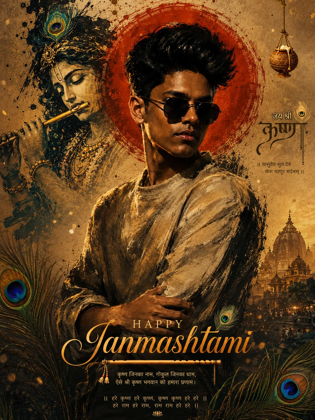 A highly detailed cinematic Janmashtami festival poster, vertical 9:16 composition.