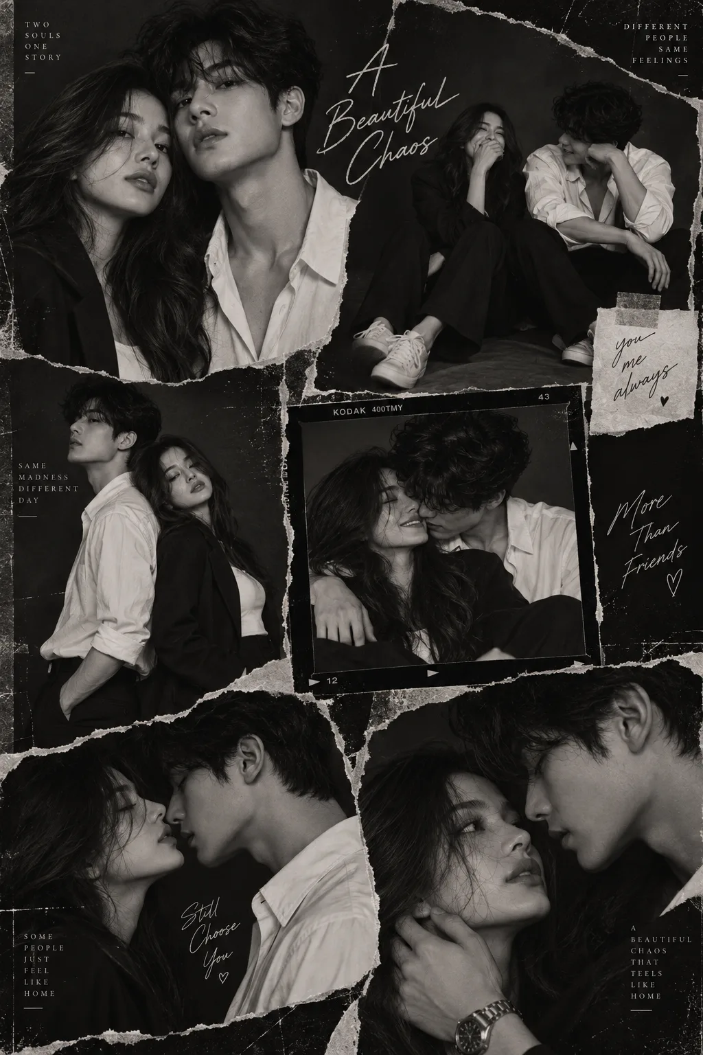 dramatic black and white concept photo collage of a young couple, styled in monochrome fashion — woman in black blazer and white inner, man