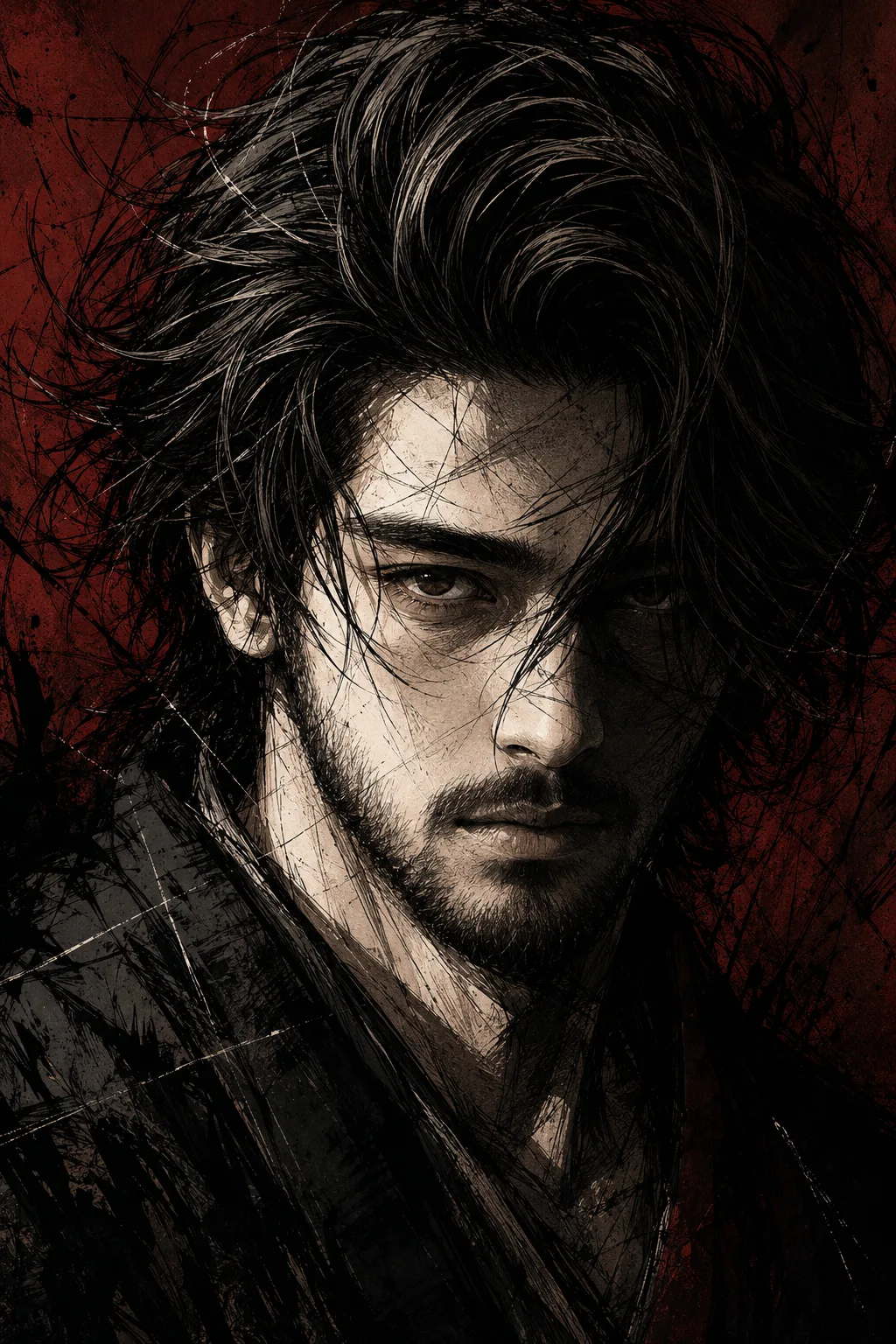 A striking **dark anime-inspired ink illustration** of a handsome young adult man shown in an extreme close-up, three-quarter portrait.